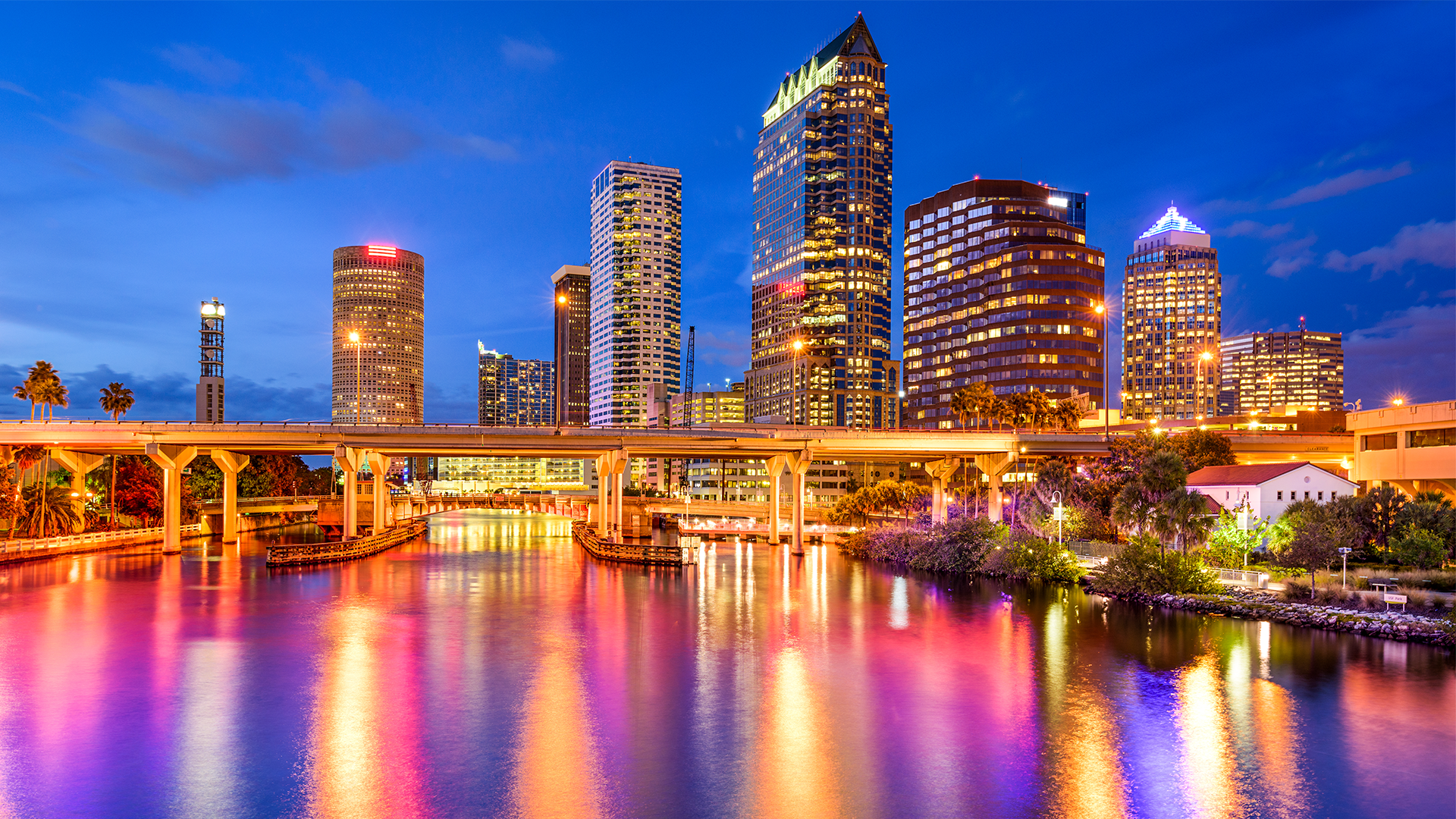 Tampa, Florida, USA downtown city skyline over the Hillsborough River.