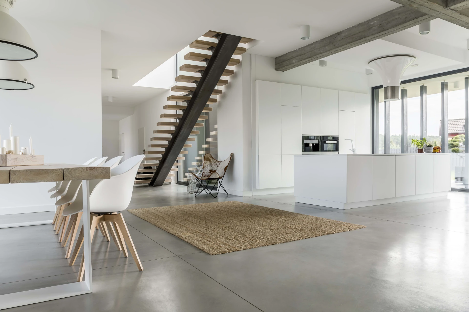 Interior shot of an open concept kitchen dining room