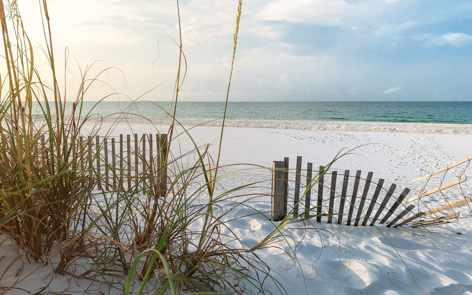 white sand beach with a fence, the ocean in the background